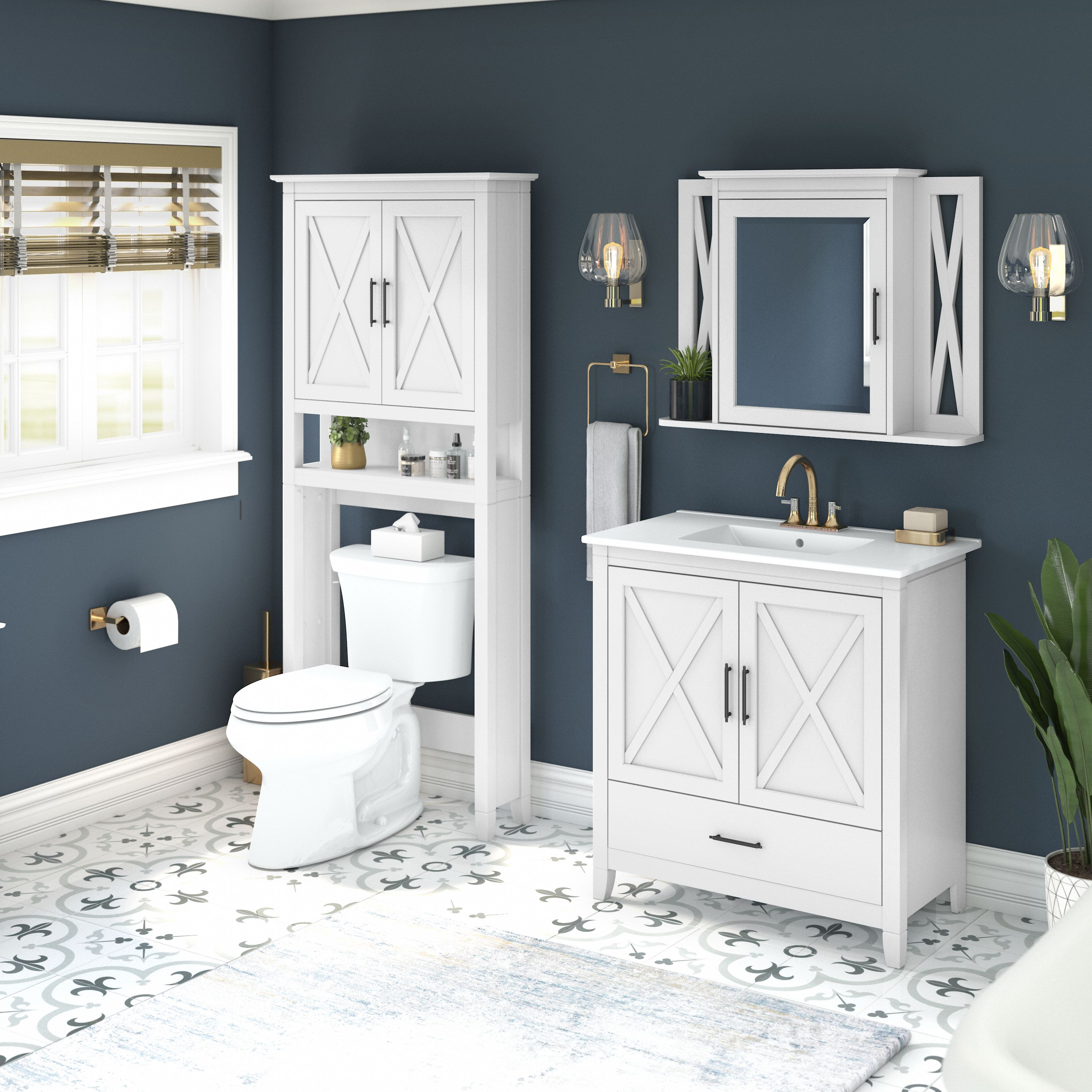 Shop Bush Furniture Key West 32W Bathroom Vanity Sink with Mirror and Over The Toilet Storage Cabinet 01 KWS032WAS #color_white ash