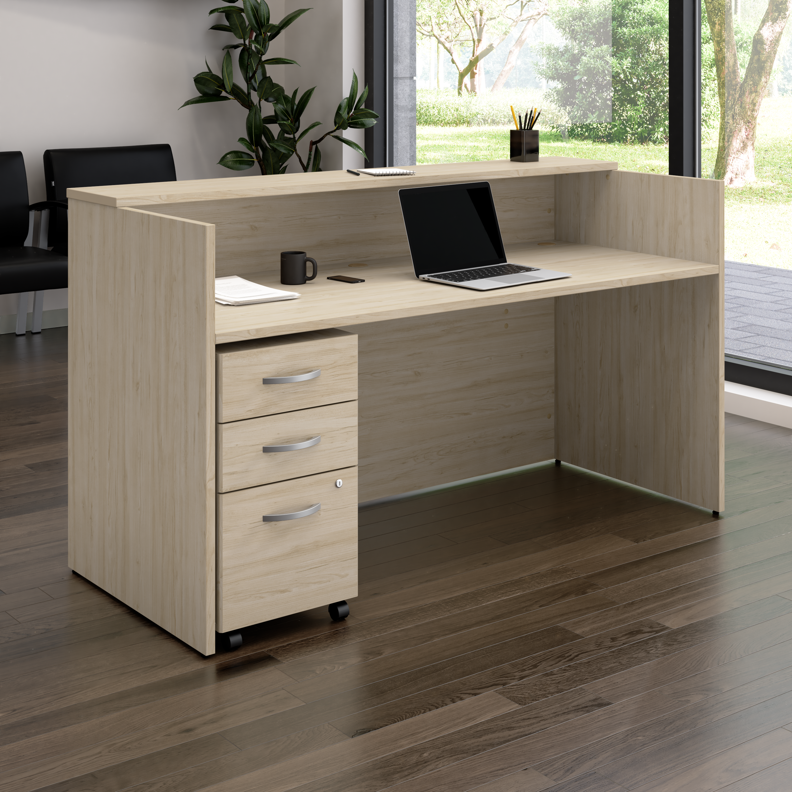 Shop Bush Business Furniture Arrive 72W x 30D Reception Desk with Shelf and Mobile File Cabinet 01 ARV005NE #color_natural elm