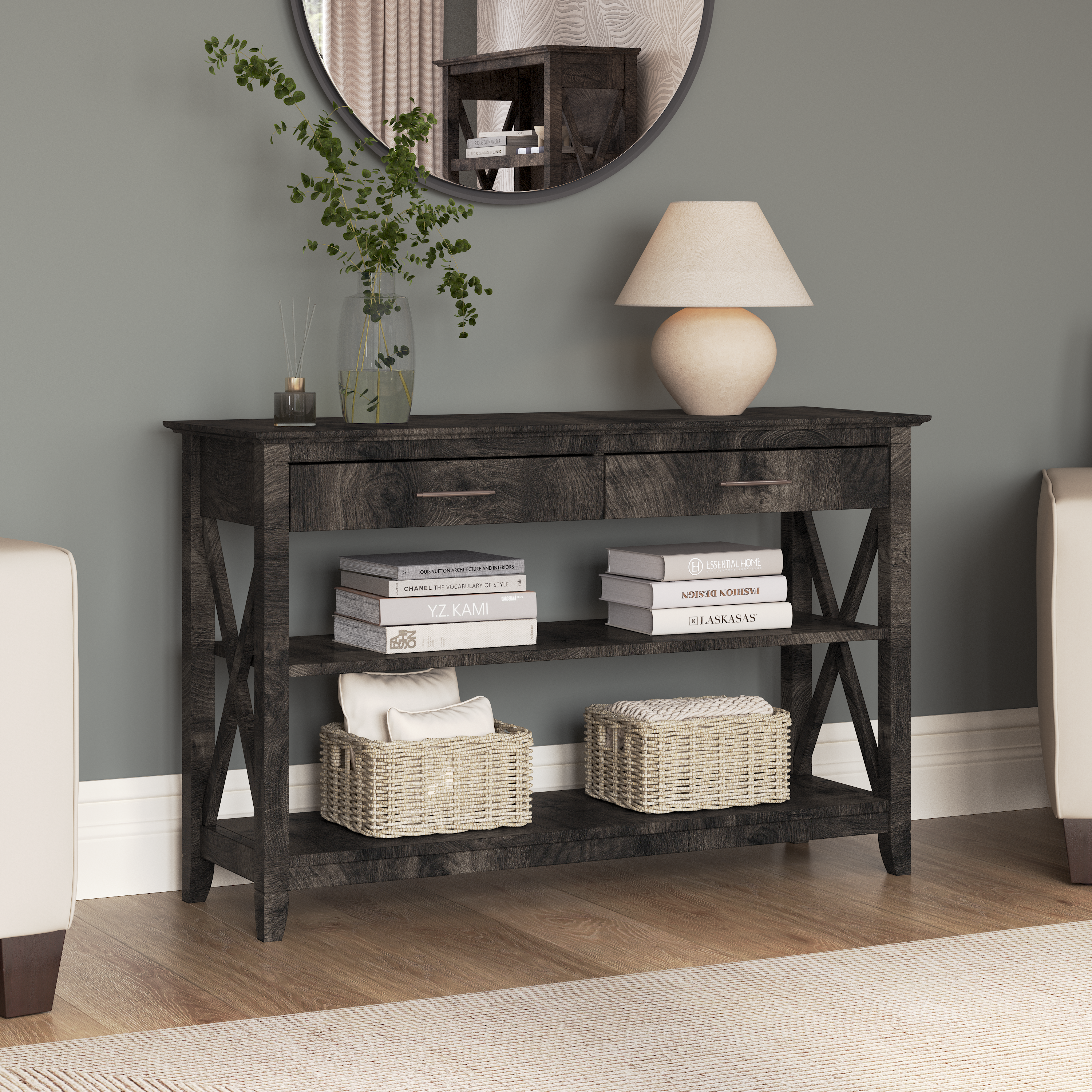 Shop Bush Furniture Key West Console Table with Drawers and Shelves 01 KWT248GH-03 #color_dark gray hickory