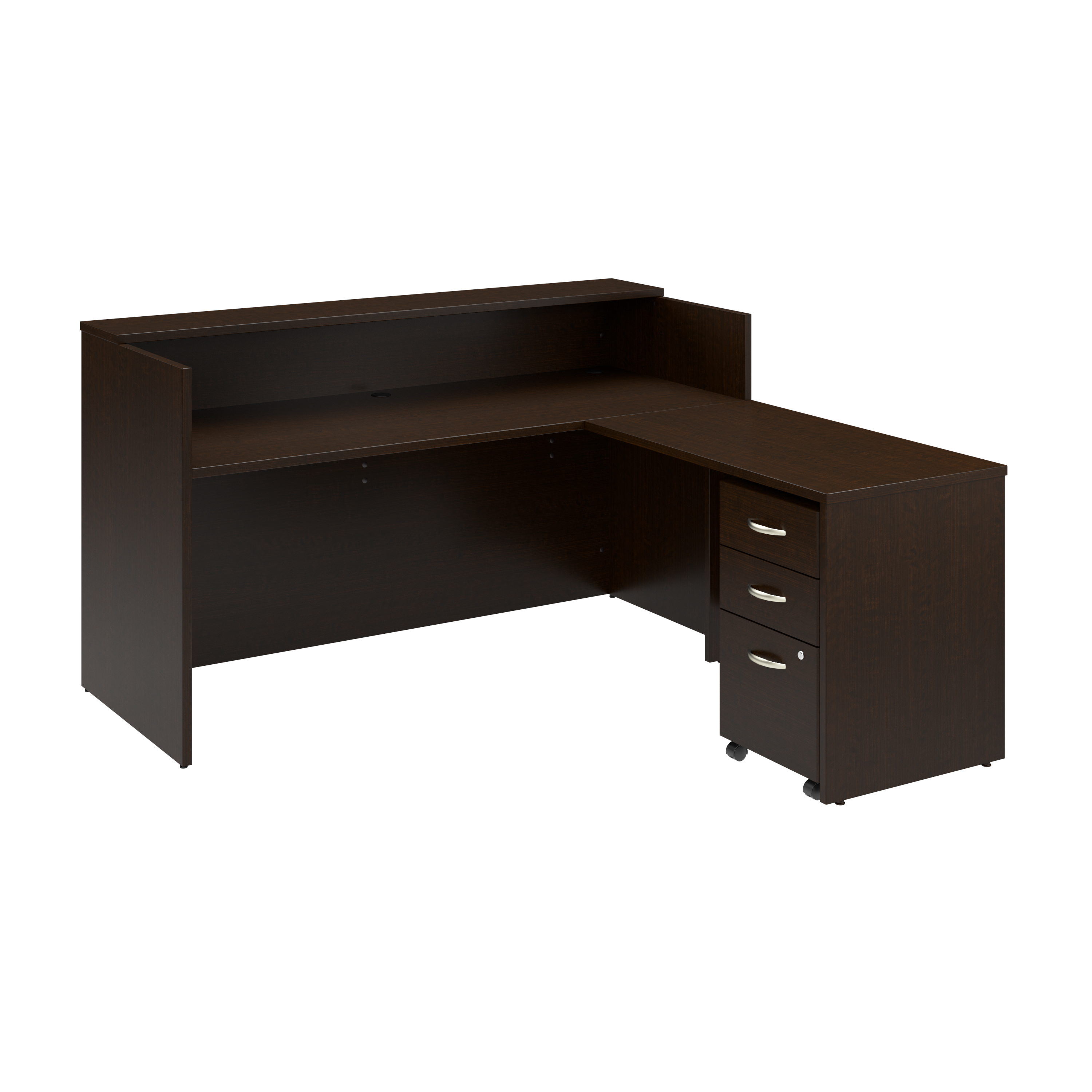 Shop Bush Business Furniture Arrive 72W x 72D L Shaped Reception Desk with Shelf and Mobile File Cabinet 02 ARV007MR #color_mocha cherry