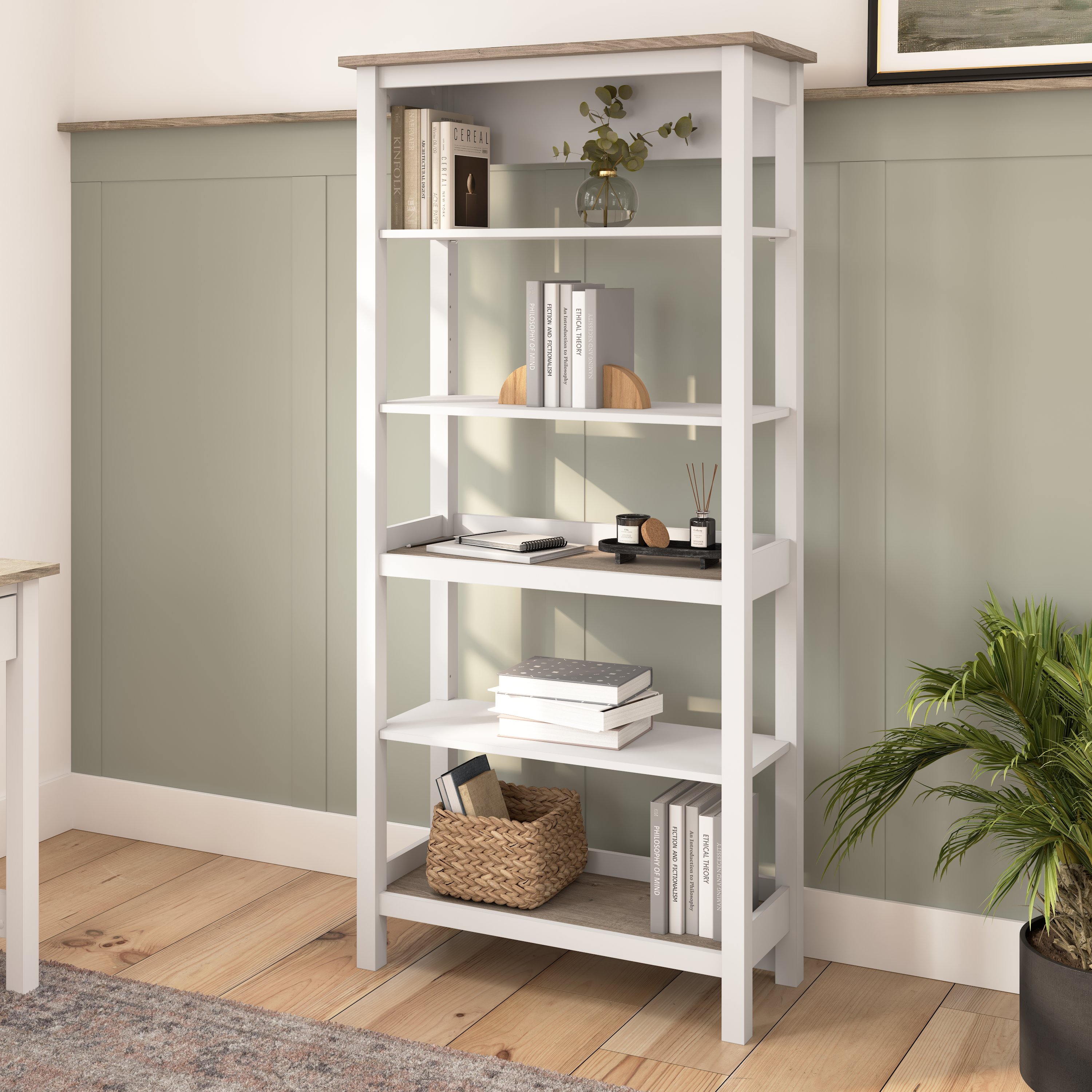 Shop Bush Furniture Mayfield Tall 5 Shelf Bookcase 01 MAB132GW2-03 #color_shiplap gray/pure white