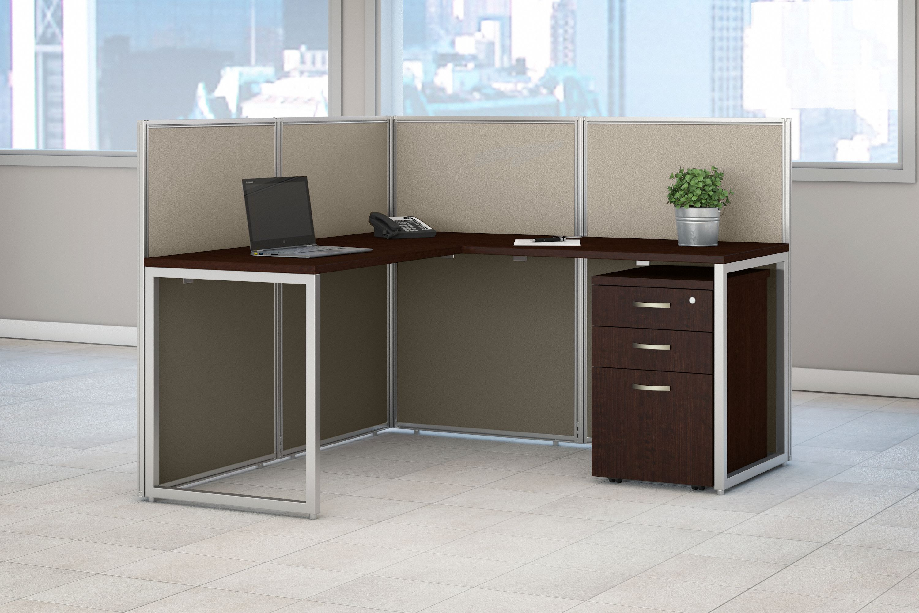 Shop Bush Business Furniture Easy Office 60W L Shaped Cubicle Desk with File Cabinet and 45H Panels 01 EOD360SMR-03K #color_mocha cherry