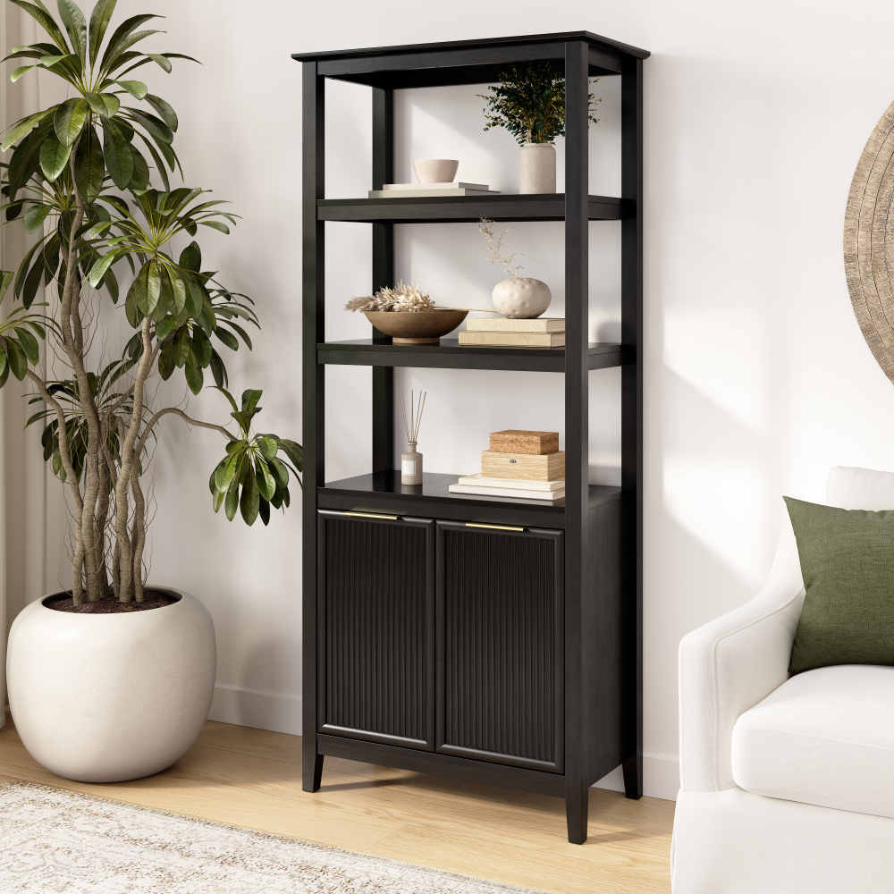 Shop Bush Home Camille Fluted 5 Shelf Bookcase with Doors, Image 02, CMB132OB-03, #color_onyx birch