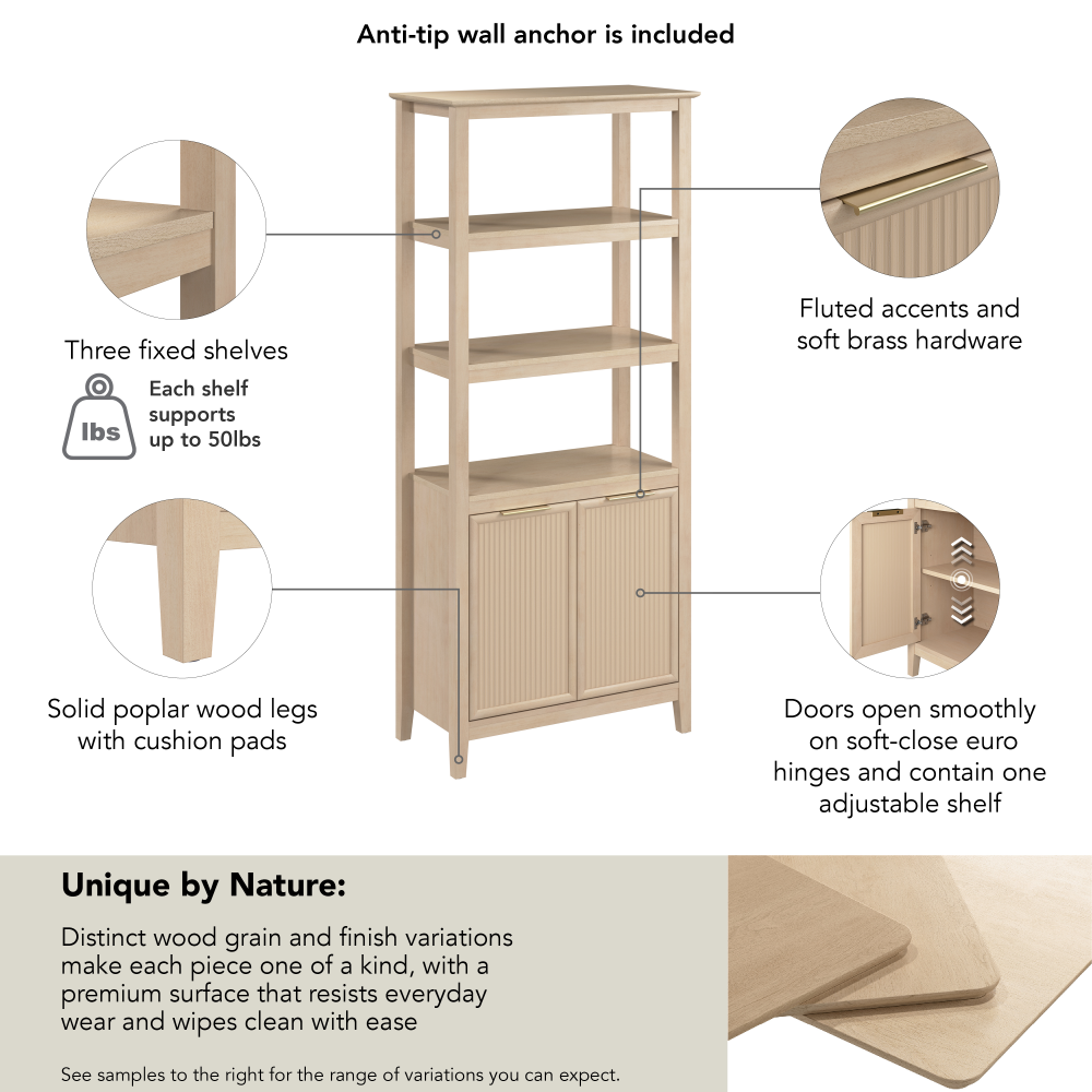 Shop Bush Home Camille Fluted 5 Shelf Bookcase with Doors, Image 07, CMB132NB-03, #color_natural birch