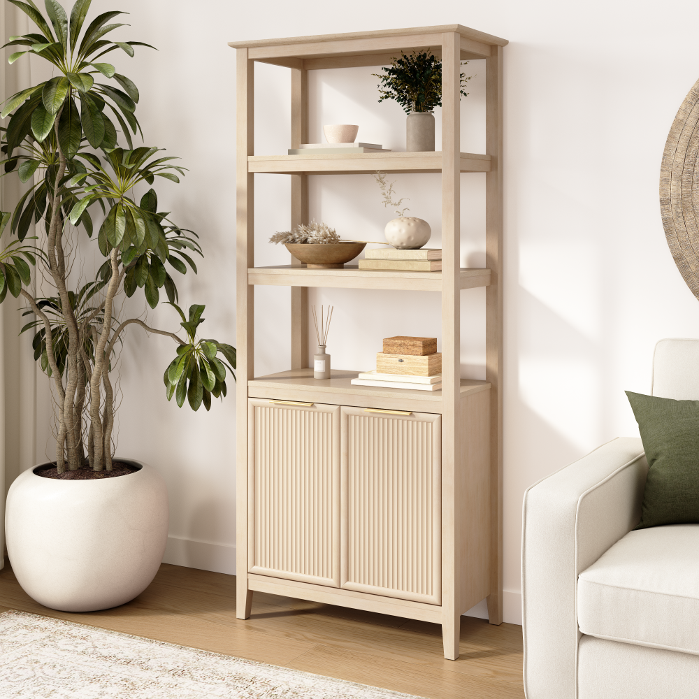 Shop Bush Home Camille Fluted 5 Shelf Bookcase with Doors, Image 02, CMB132NB-03, #color_natural birch