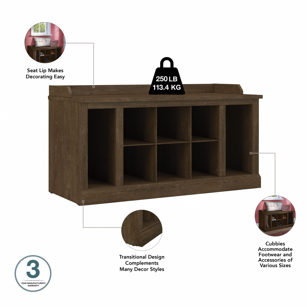 Shop Bush Furniture Woodland 40W Shoe Storage Bench with Shelves, Image 07, WDS240ABR-03, #color_ash brown