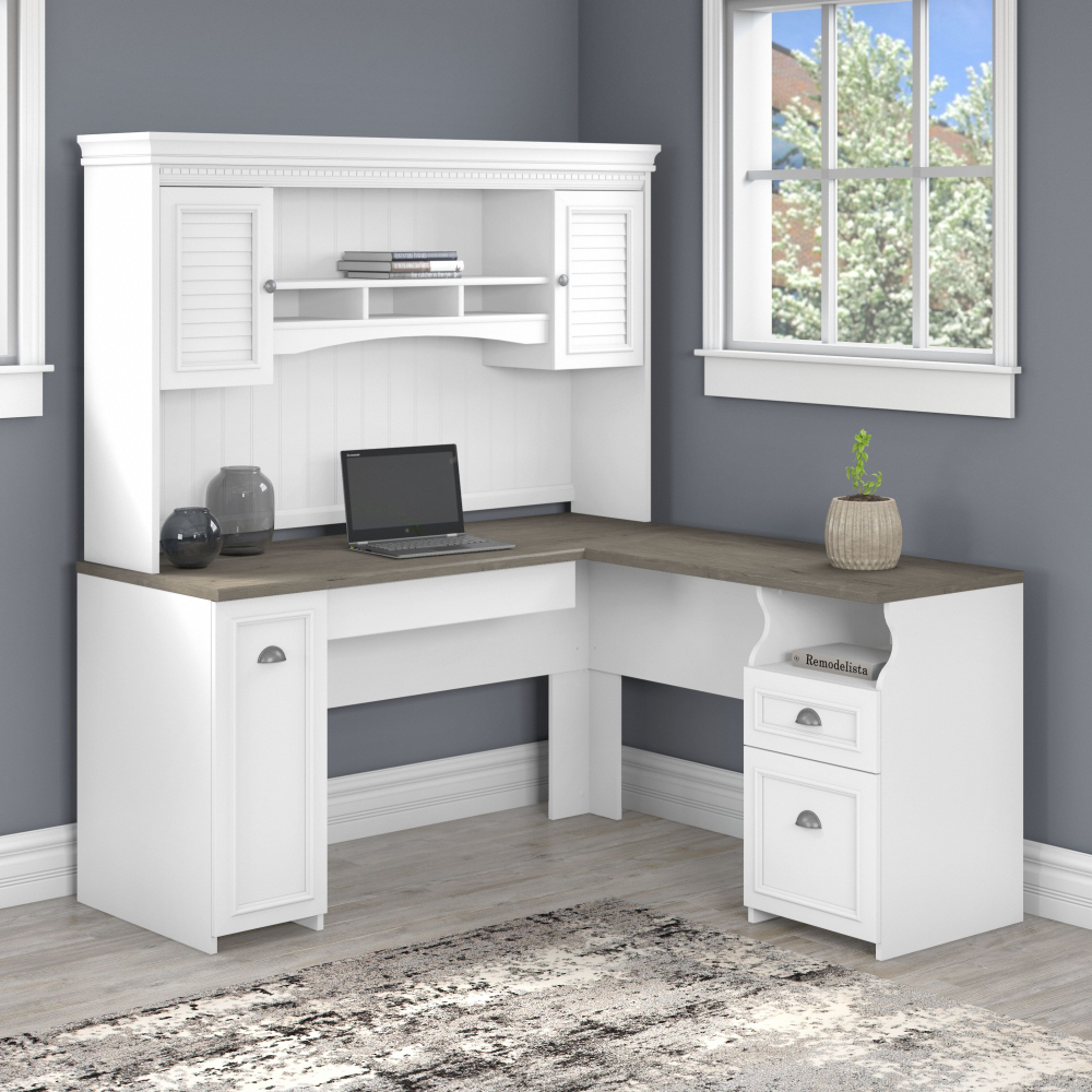 Shop Bush Furniture Fairview 60W L Shaped Desk with Hutch, Image 02, FV004G2W, #color_shiplap gray/pure white