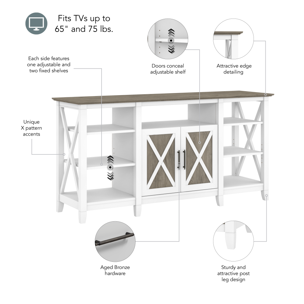 Shop Bush Furniture Key West Tall TV Stand for 65 Inch TV, Image 07, KWV160G2W-03, #color_shiplap gray/pure white