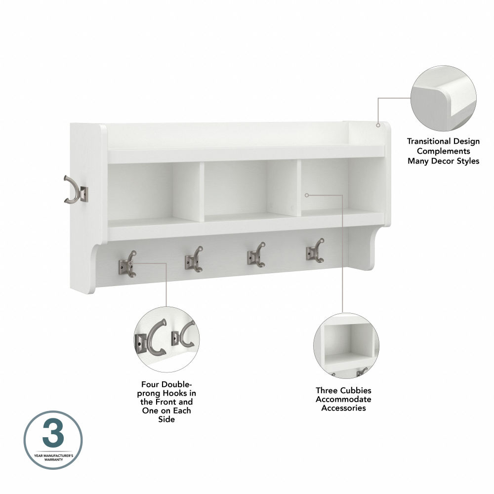 Shop Bush Furniture Woodland 40W Entryway Bench with Doors and Wall Mounted Coat Rack, Image 08, WDL009WAS, #color_white ash