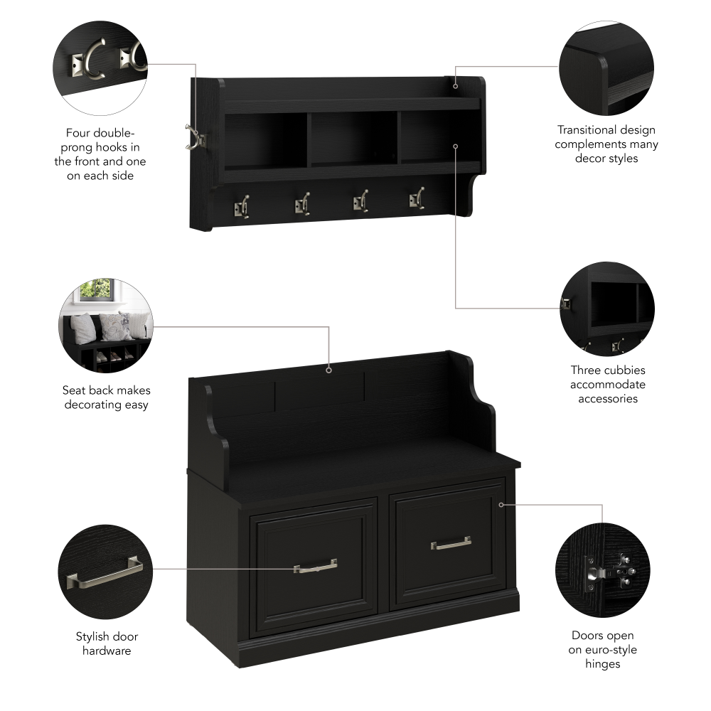 Shop Bush Furniture Woodland 40W Entryway Bench with Doors and Wall Mounted Coat Rack, Image 07, WDL009BS, #color_black suede oak