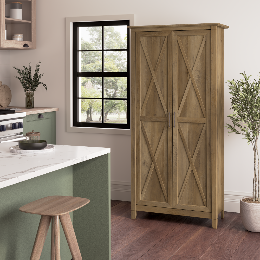 Shop Bush Furniture Key West Tall Kitchen Pantry Cabinet with Doors and Shelves, Image 02, KWS266RCP-Z, #color_reclaimed pine