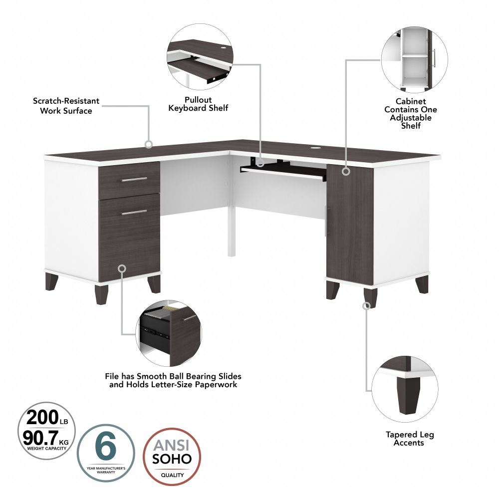 Shop Bush Furniture Somerset 60W L Shaped Desk with Storage, Image 07, WC81030K, #color_storm gray/white