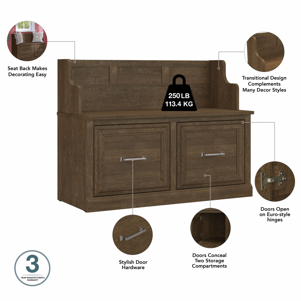 Shop Bush Furniture Woodland 40W Entryway Bench with Doors and Wall Mounted Coat Rack, Image 08, WDL009ABR, #color_ash brown