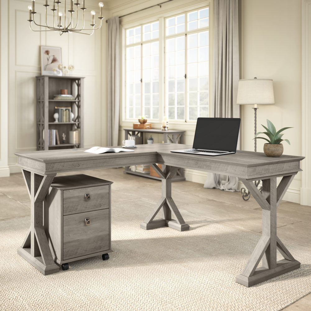 Shop Bush Furniture Homestead 60W Farmhouse L Shaped Desk, Image 04, HOD160DG-03K, #color_driftwood gray