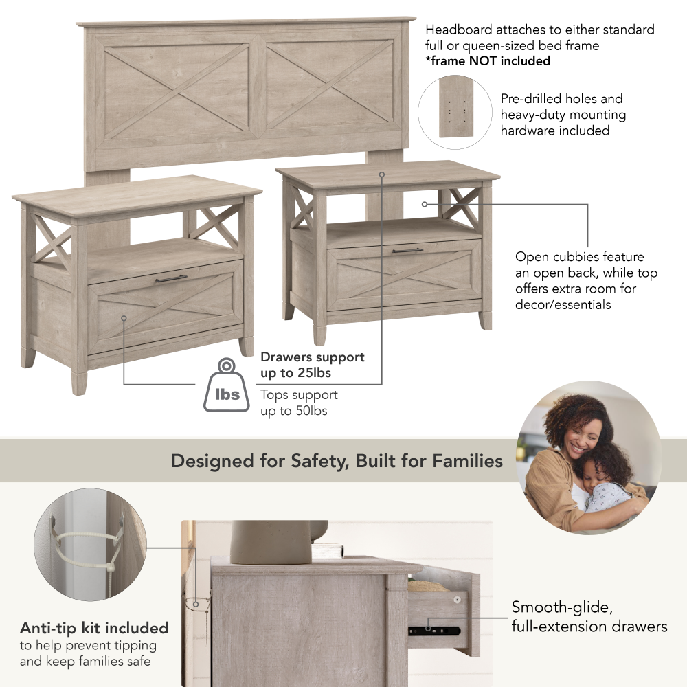 Shop Bush Home Key West 65W Full/Queen Headboard with Set of 2 Nightstands, Image 06, KWS109WG, #color_washed gray