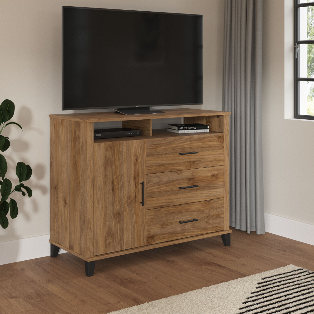 Shop Bush Furniture Somerset 3 Drawer Dresser and Bedroom TV Stand, Image 02, STV148FWK, #color_fresh walnut