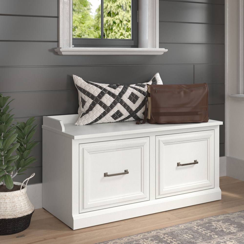 Shop Bush Furniture Woodland 40W Shoe Storage Bench with Doors, Image 02, WDS140WAS-03, #color_white ash