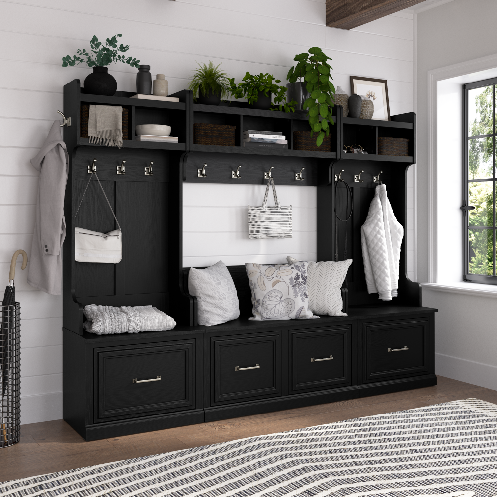 Shop Bush Furniture Woodland 40W Shoe Storage Bench with Doors, Image 04, WDS140BS-03, #color_black suede oak