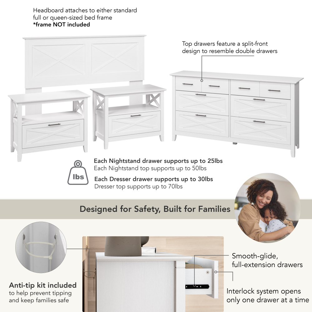 Shop Bush Home Key West 65W Full/Queen Headboard with 6 Drawer Dresser and Set of 2 Nightstands, Image 06, KWS110WT, #color_pure white oak