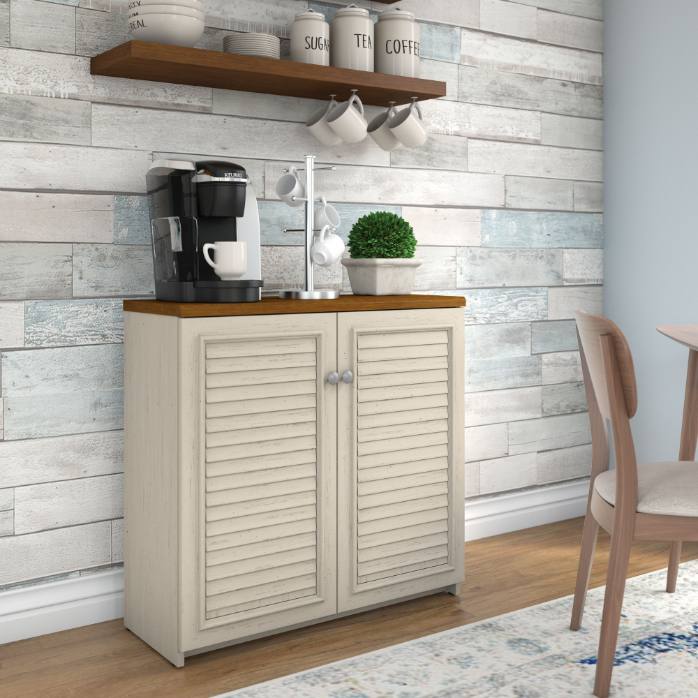 Shop Bush Furniture Fairview Small Storage Cabinet with Doors and Shelves, Image 03, WC53296-03, #color_antique white/tea maple