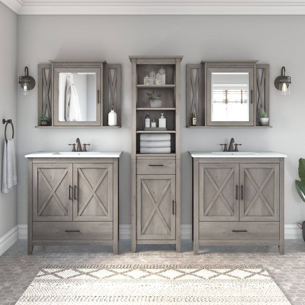 Shop Bush Furniture Key West 64W Double Vanity Set with Sinks, Medicine Cabinets and Linen Tower, Image 02, KWS044DG, #color_driftwood gray