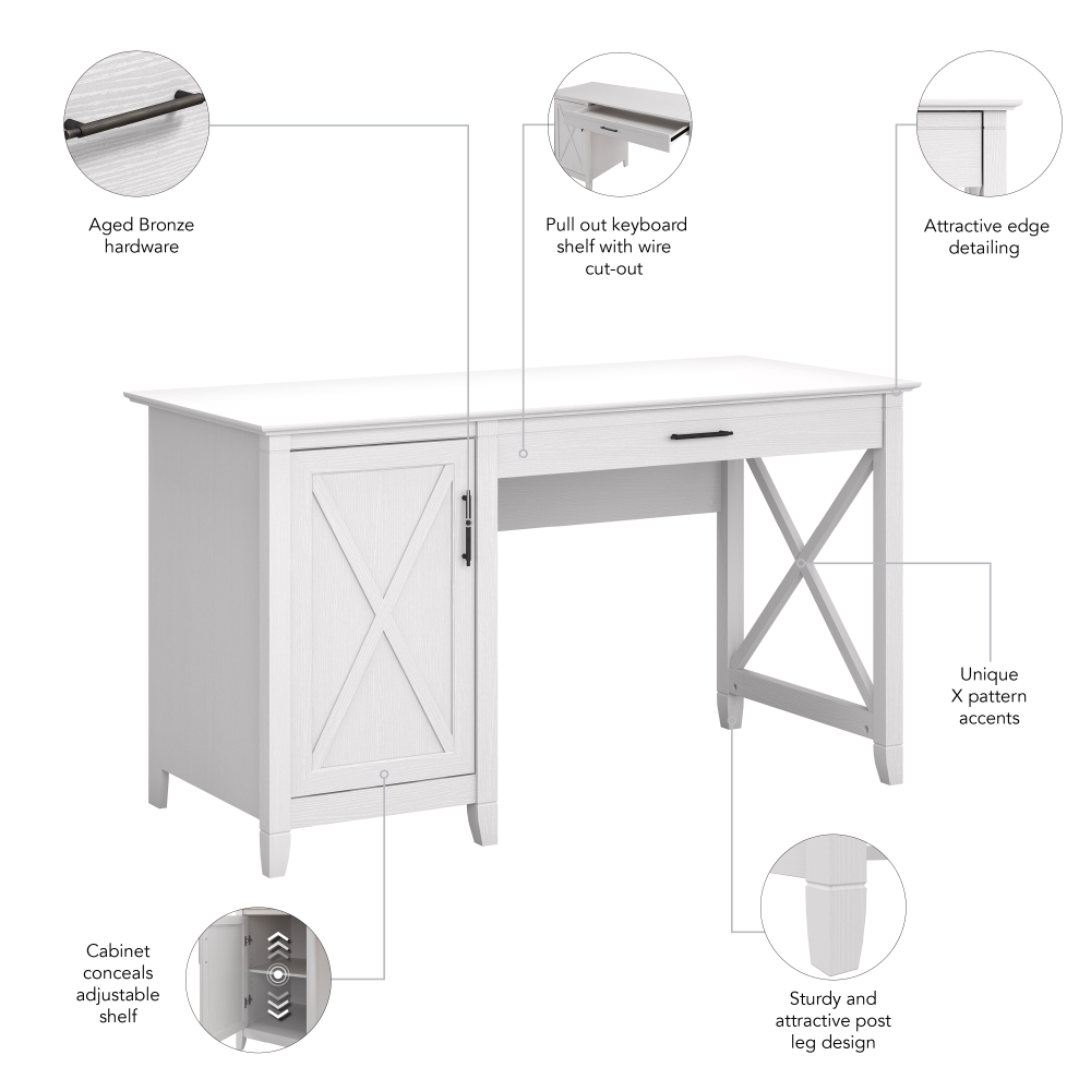 Shop Bush Furniture Key West 54W Computer Desk with Keyboard Tray and Storage, Image 06, KWD154WT-03, #color_pure white oak