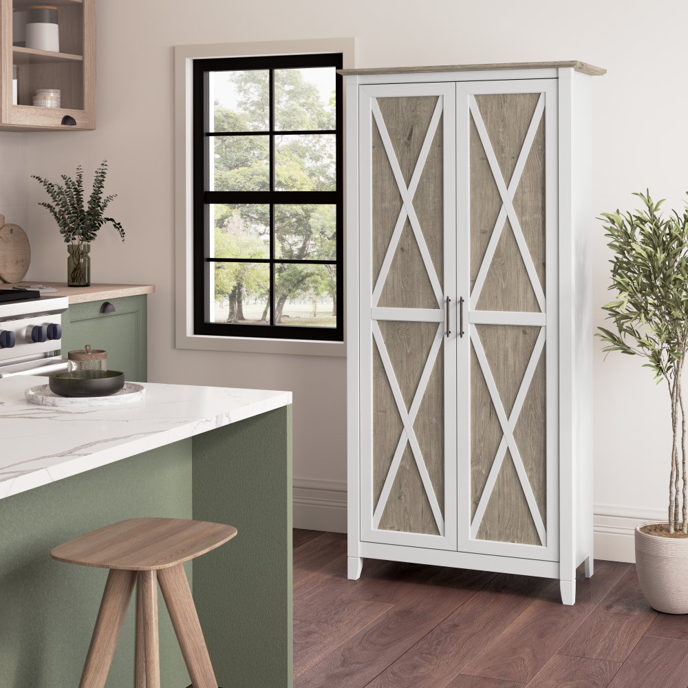 Shop Bush Furniture Key West Tall Kitchen Pantry Cabinet with Doors and Shelves, Image 02, KWS266G2W-Z, #color_shiplap gray/pure white