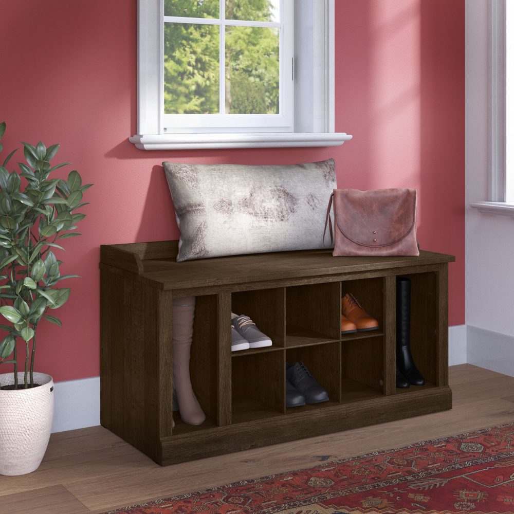 Shop Bush Furniture Woodland 40W Shoe Storage Bench with Shelves, Image 02, WDS240ABR-03, #color_ash brown