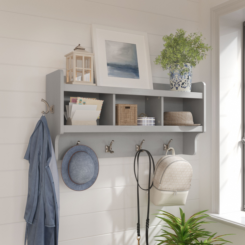 Shop Bush Furniture Woodland 40W Wall Mounted Coat Rack with Shelf, Image 02, WDH340CG-03, #color_cape cod gray
