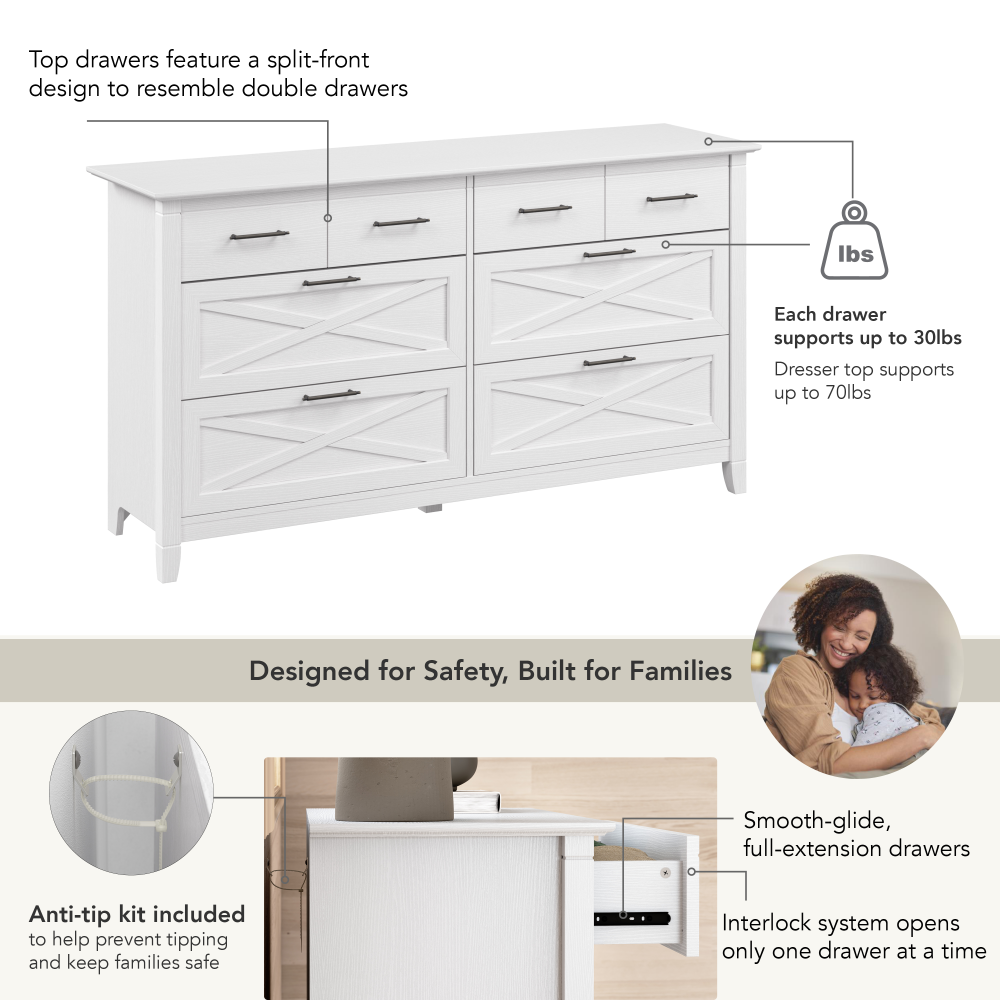 Shop Bush Home Key West 6 Drawer Dresser, Image 06, KWS158WT-03, #color_pure white oak