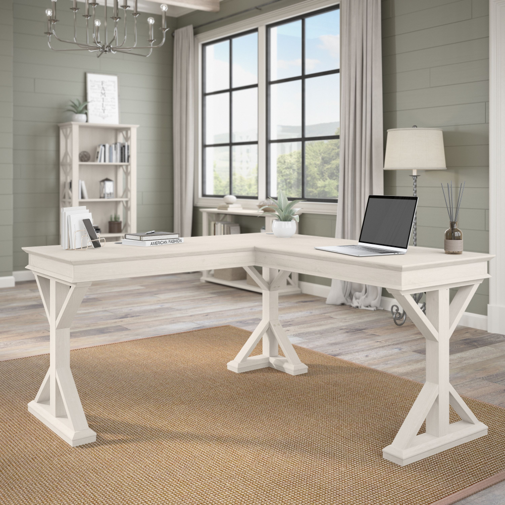 Shop Bush Furniture Homestead 60W Farmhouse L Shaped Desk, Image 02, HOD160LW-03K, #color_linen white oak