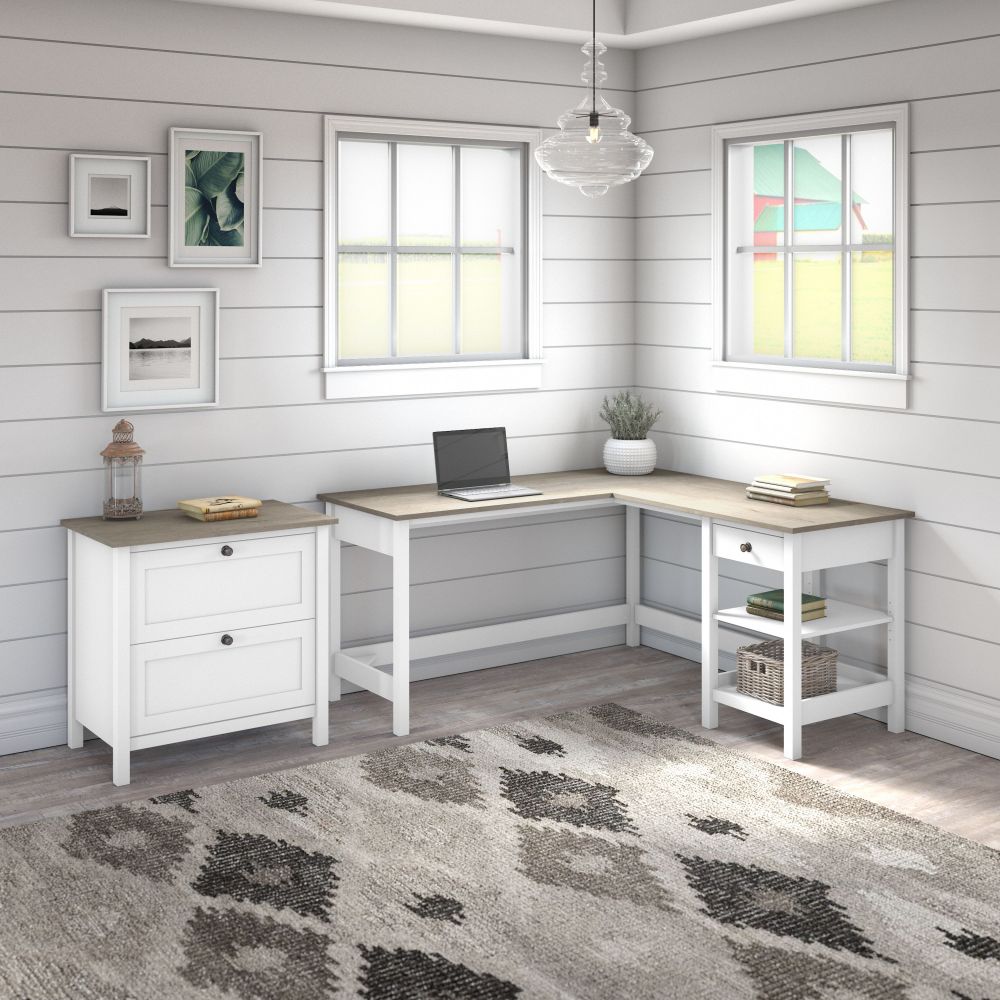 Shop Bush Furniture Mayfield 60W L Shaped Computer Desk with 2 Drawer Lateral File Cabinet, Image 02, MAY011GW2, #color_shiplap gray/pure white