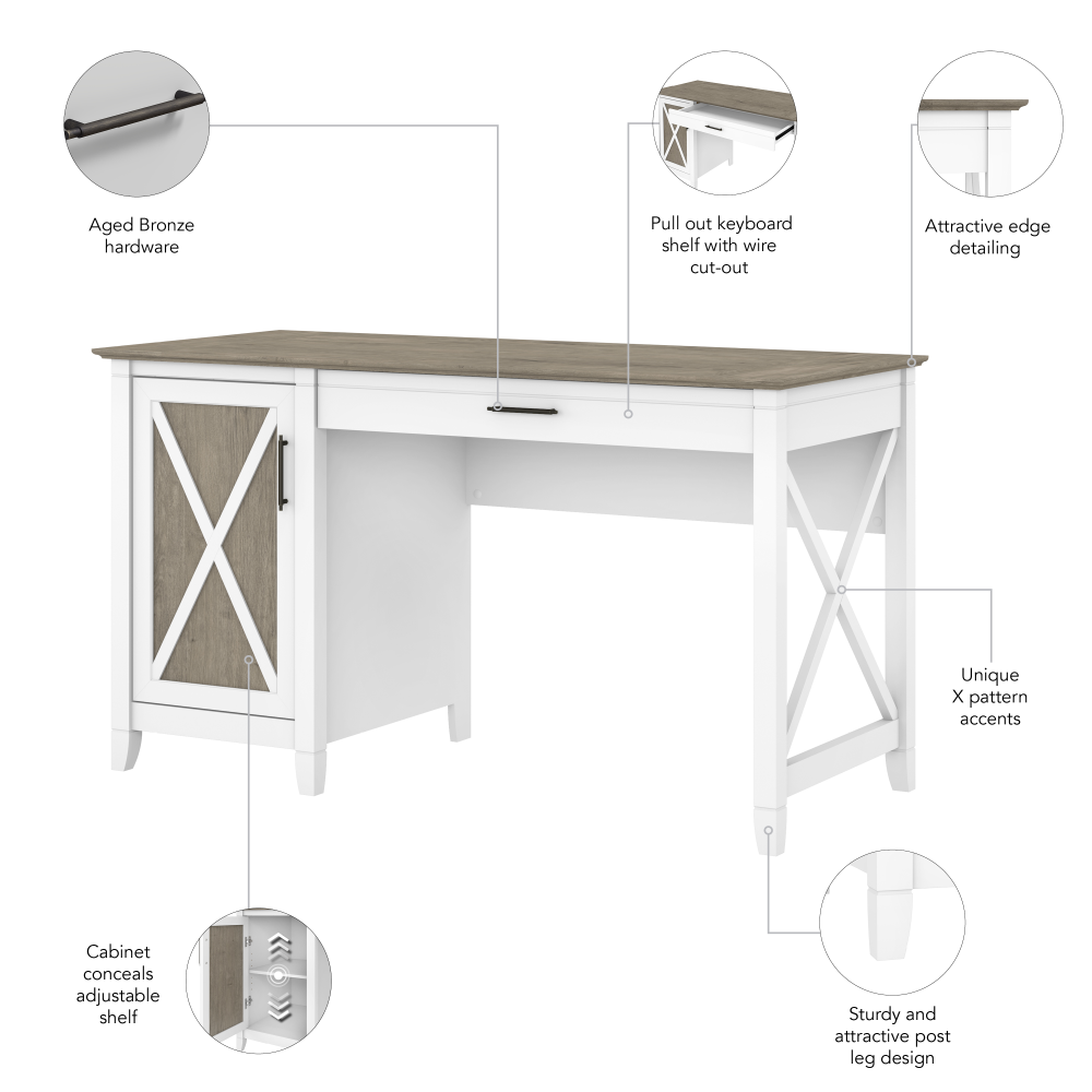 Shop Bush Furniture Key West 54W Computer Desk with Keyboard Tray and Storage, Image 07, KWD154G2W-03, #color_shiplap gray/pure white
