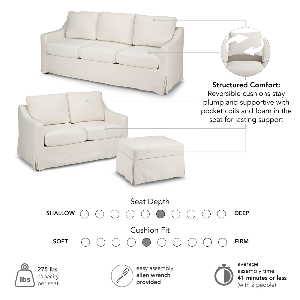 Shop Bush Home Harper 80W Sofa, 57W Loveseat, and Storage Ottoman with Slipcovers, Image 06, HAR005IYB, #color_ivory basketweave fabric