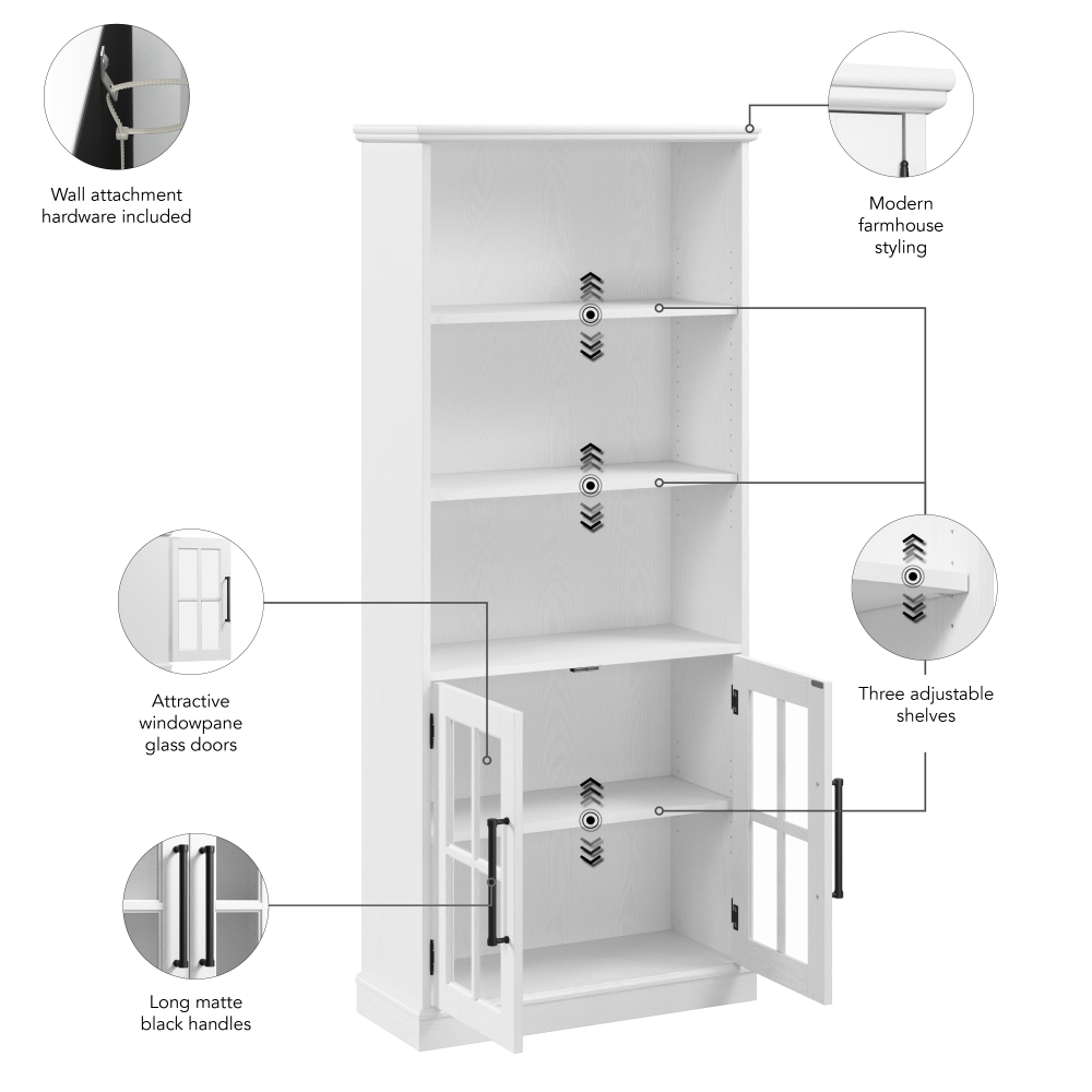 Shop Bush Furniture Westbrook 5 Shelf Bookcase with Glass Doors - Set of 2, Image 07, WBK001WAS, #color_white ash