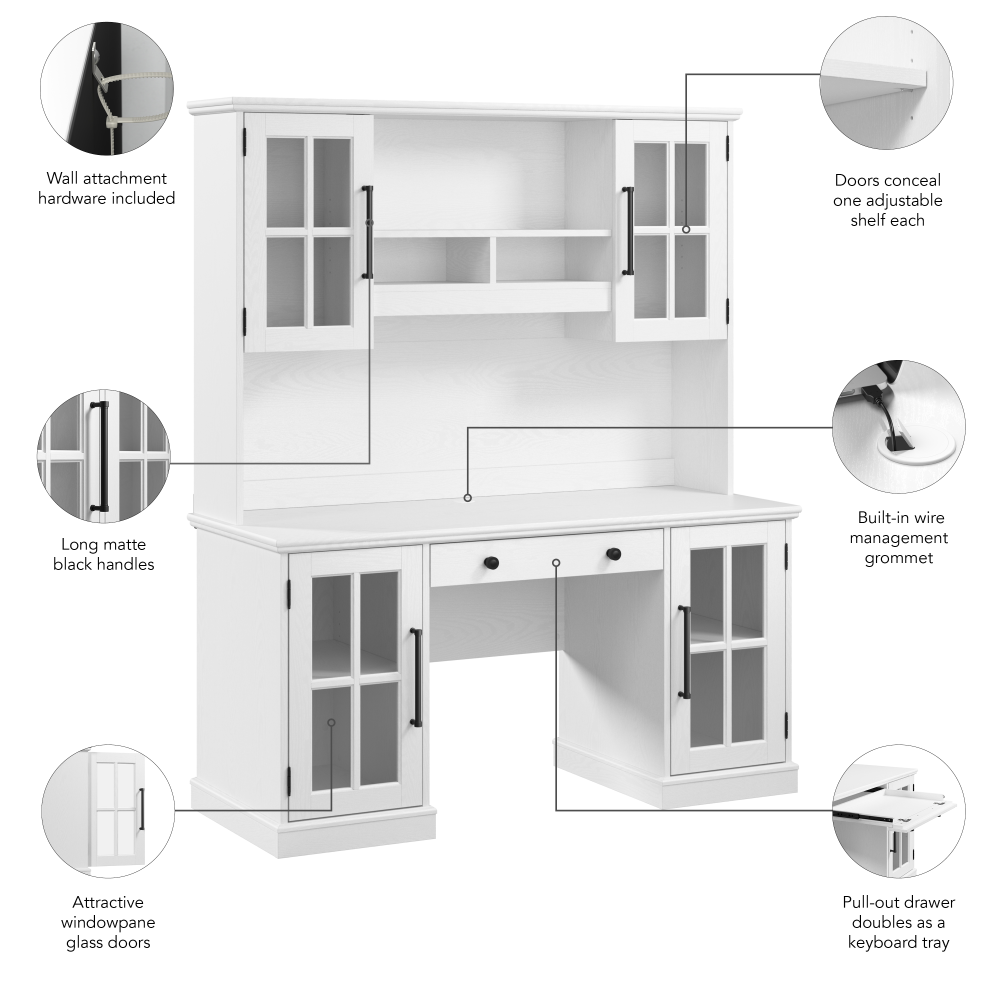 Shop Bush Furniture Westbrook 60W Computer Desk with Hutch and Storage, Image 07, WBK003WAS, #color_white ash