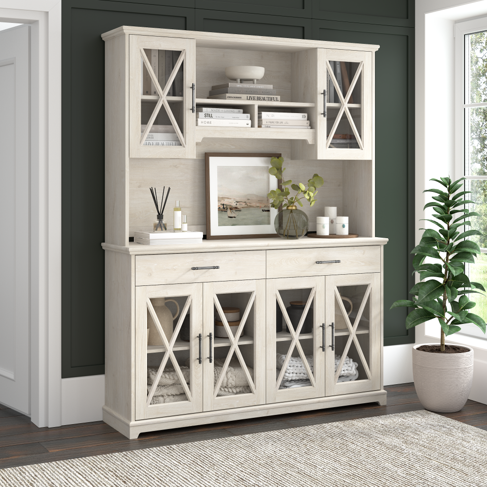 Shop Bush Furniture Lennox 60W Farmhouse Sideboard Buffet Cabinet with Hutch, Image 02, LEN017LW, #color_linen white oak