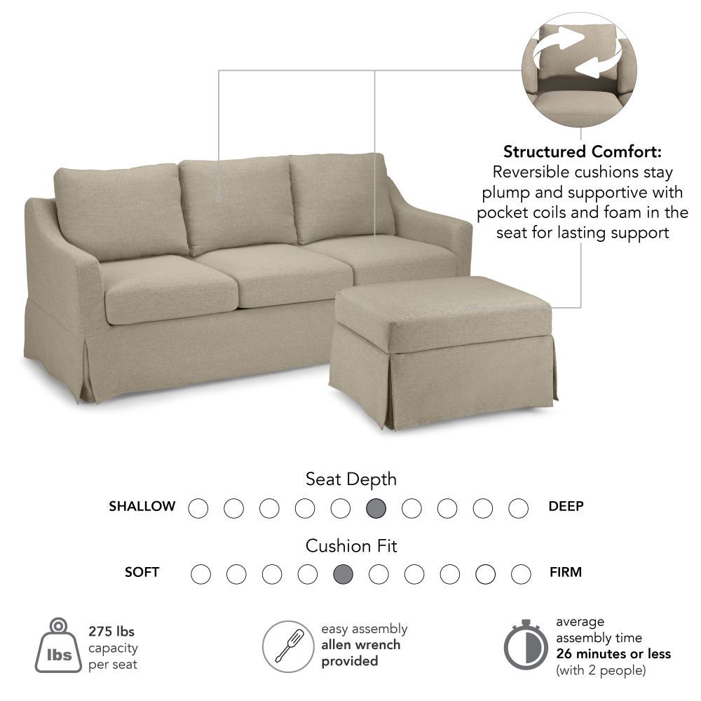 Shop Bush Home Harper 80W Sofa and Storage Ottoman with Slipcovers, Image 06, HAR003SDB, #color_sand basketweave fabric
