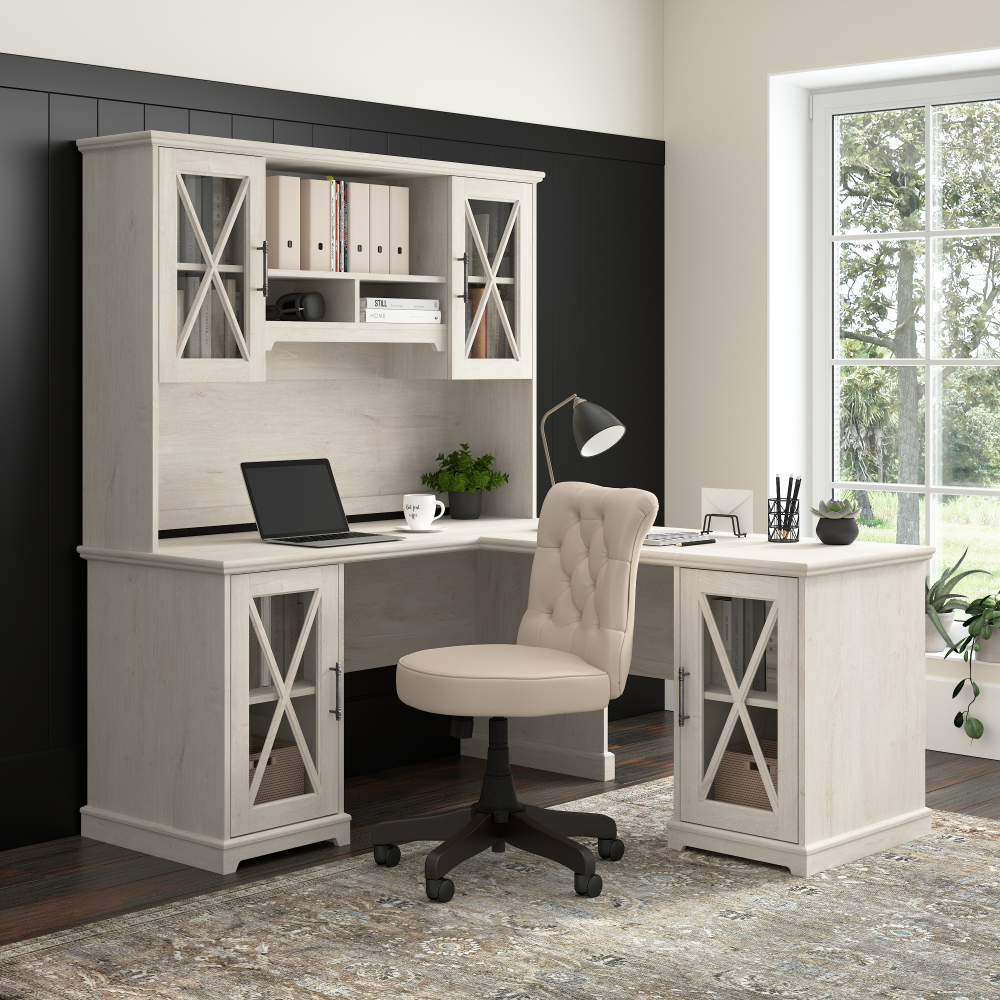 Shop Bush Furniture Lennox 60W Farmhouse L Shaped Desk with Hutch and Storage Cabinets, Image 02, LEN005LW, #color_linen white oak