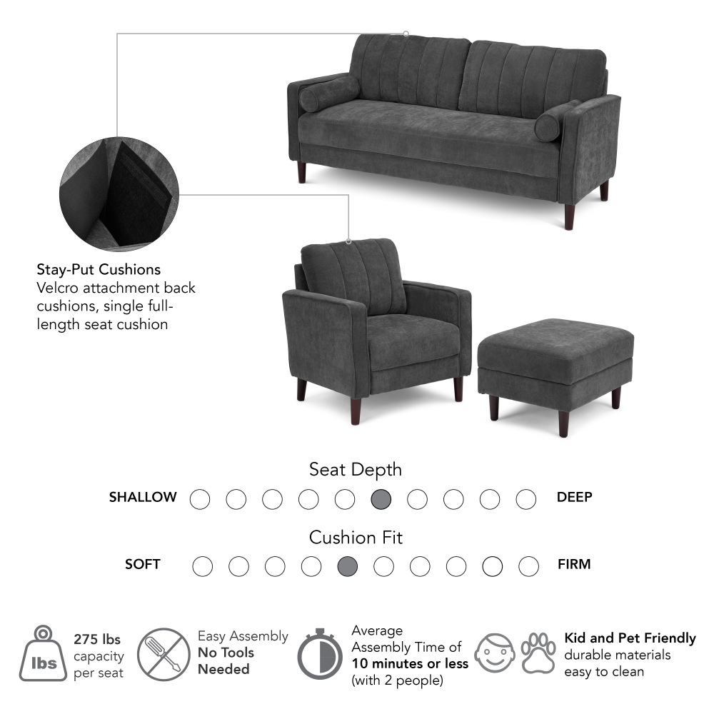 Shop Bush Home Max 77W Sofa, 32W Accent Chair, and Storage Ottoman, Image 06, MAX006IGC, #color_iron gray chenille fabric