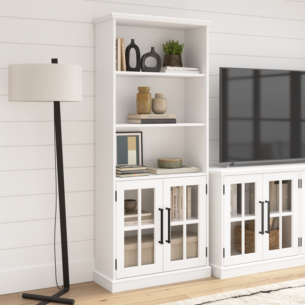 Shop Bush Furniture Westbrook 5 Shelf Bookcase with Glass Doors, Image 02, WBB132WAS-03, #color_white ash
