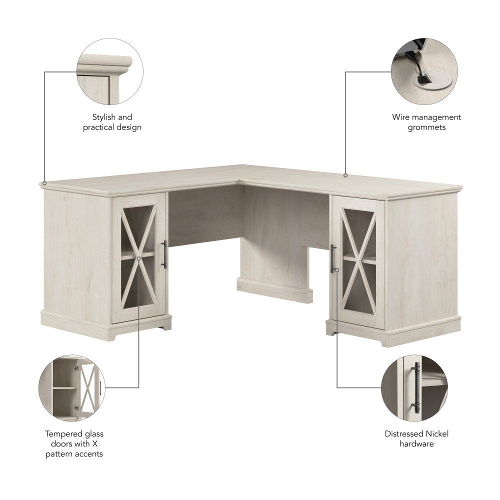 Shop Bush Furniture Lennox 60W Farmhouse L Shaped Desk with Storage Cabinets, Image 07, LEN018LW, #color_linen white oak