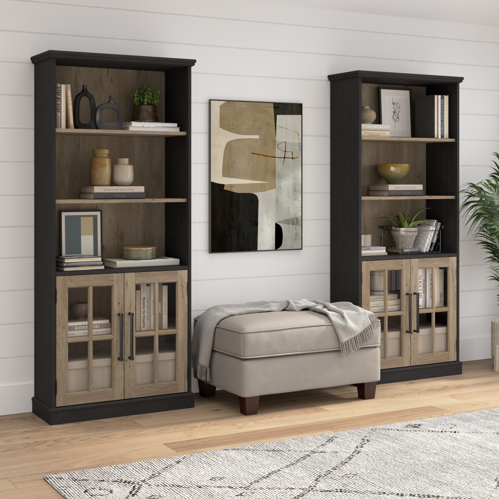 Shop Bush Furniture Westbrook 5 Shelf Bookcase with Glass Doors - Set of 2, Image 02, WBK001V2R, #color_vintage black/restored tan hickory