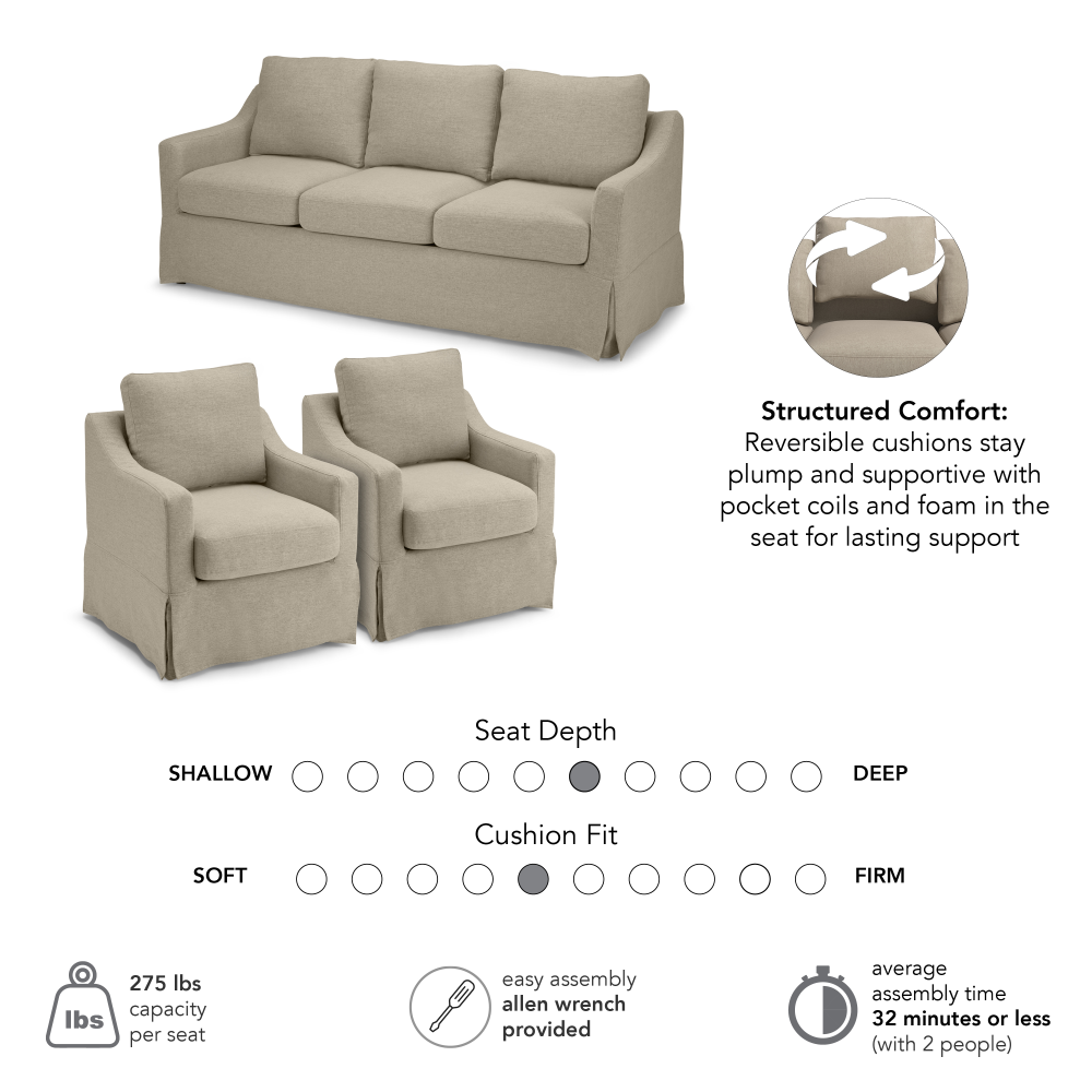 Shop Bush Home Harper 80W Sofa and 2 Swivel Accent Chairs with Slipcovers, Image 06, HAR008SDB, #color_sand basketweave fabric