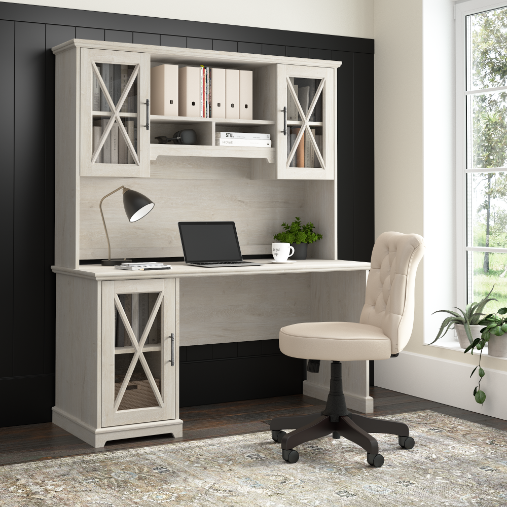 Shop Bush Furniture Lennox 60W Farmhouse Desk with Hutch and Storage Cabinet, Image 02, LEN003LW, #color_linen white oak
