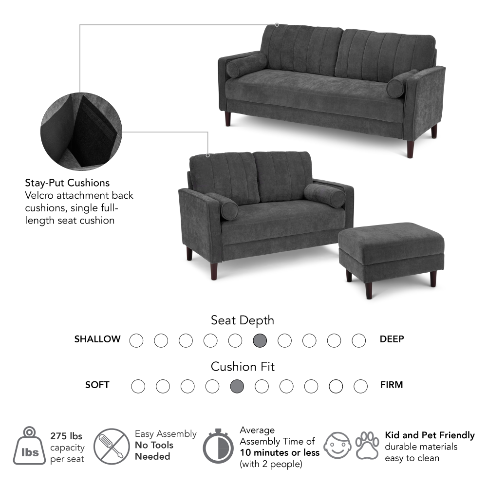 Shop Bush Home Max 77W Sofa, 54W Loveseat, and Storage Ottoman, Image 06, MAX005IGC, #color_iron gray chenille fabric