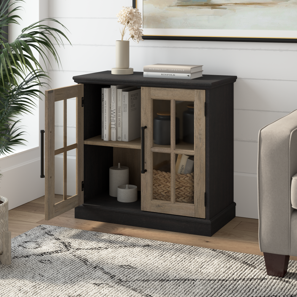 Shop Bush Furniture Westbrook 32W Storage Cabinet with Glass Doors, Image 04, WBV132V2R-03, #color_vintage black/restored tan hickory