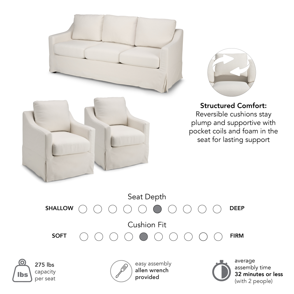 Shop Bush Home Harper 80W Sofa and 2 Swivel Accent Chairs with Slipcovers, Image 06, HAR008IYB, #color_ivory basketweave fabric