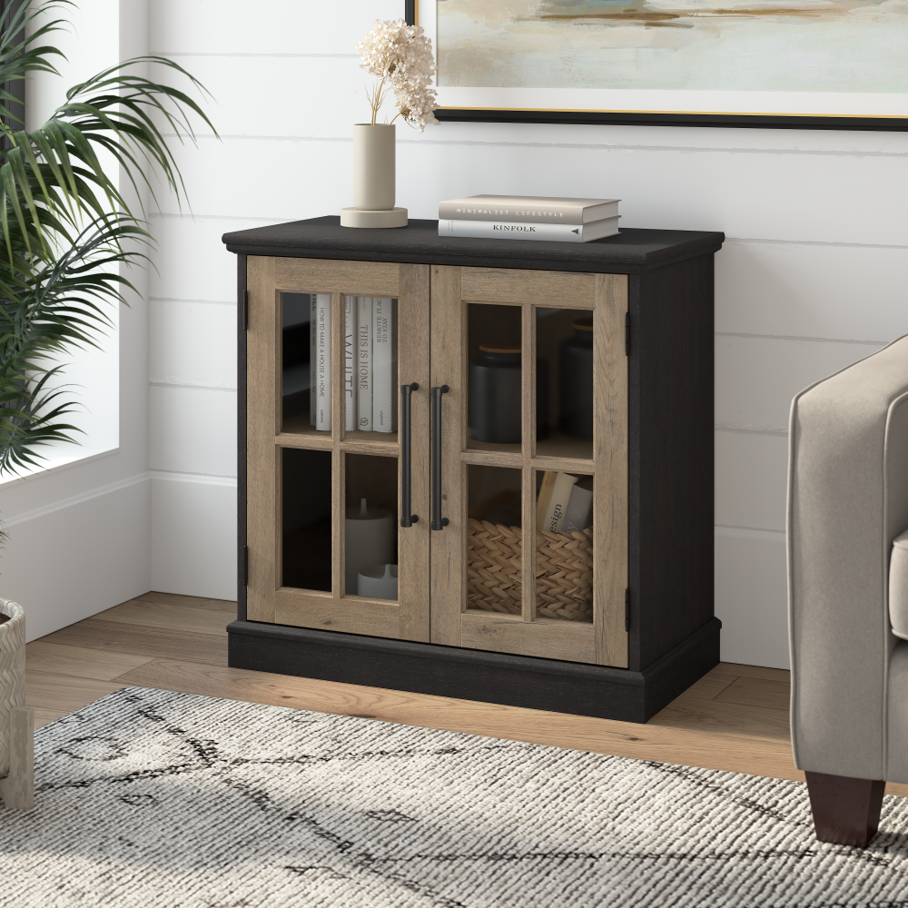 Shop Bush Furniture Westbrook 32W Storage Cabinet with Glass Doors, Image 02, WBV132V2R-03, #color_vintage black/restored tan hickory
