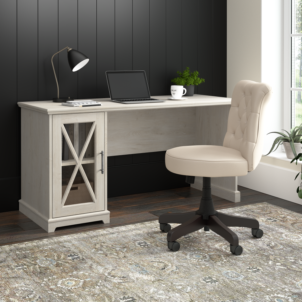 Shop Bush Furniture Lennox 60W Farmhouse Desk with Storage Cabinet, Image 02, LED260LW-03, #color_linen white oak